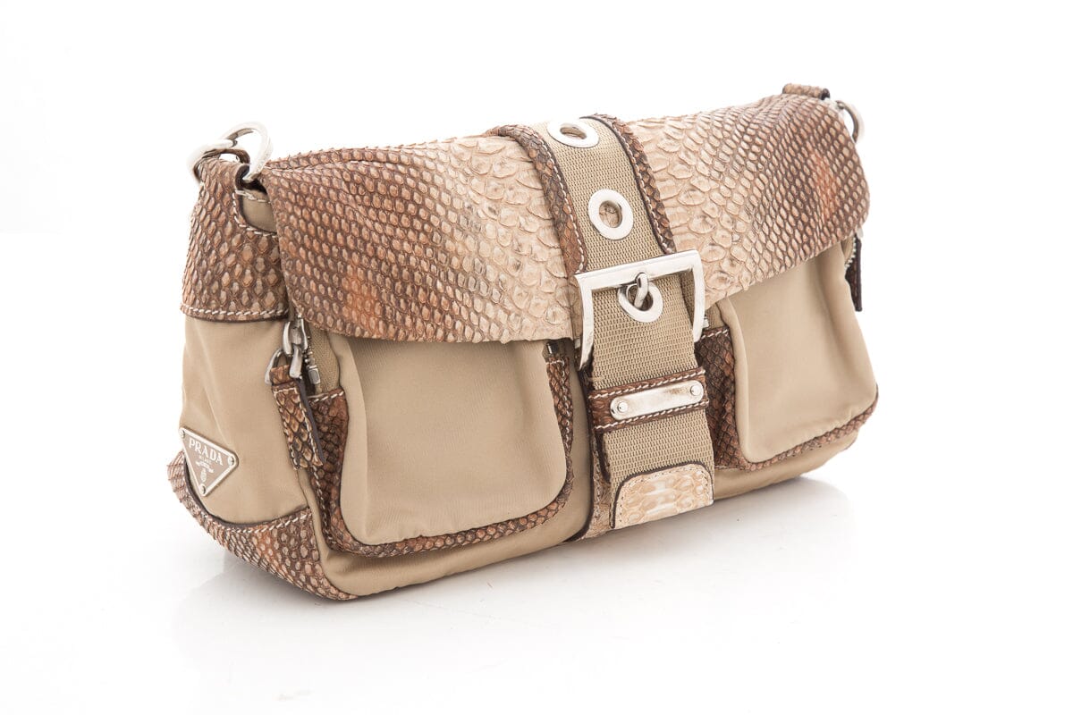 Prada Beige Nylon Python Shoulder Handbag