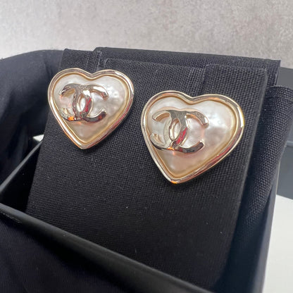 CHANEL Pearl CC Heart Earrings Gold