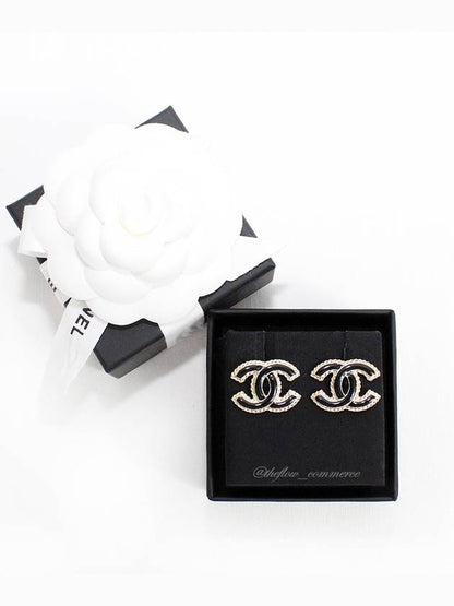 CC Logo Stud Earrings Gold Black Chanel