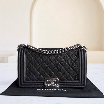 Chanel Boy Medium - 25CM Caviar Iridescent Grained Calfskin Black Silver Hardware Series 17