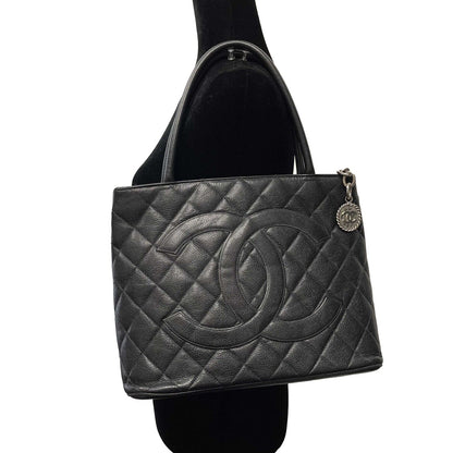 CHANEL CC Medallion Black Diamond Quilted Caviar Leather Tote / Shoulder Bag