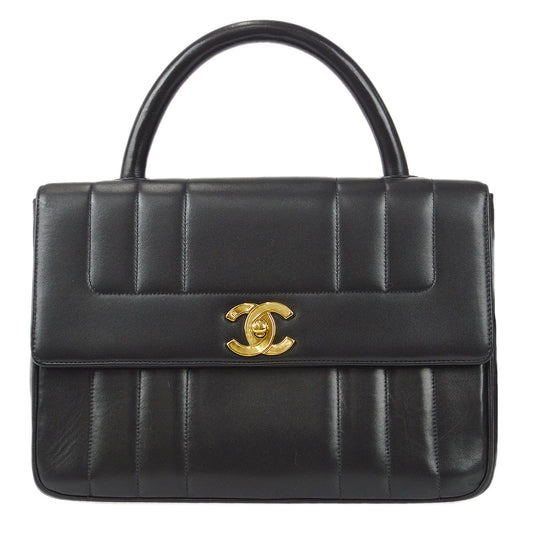 Chanel 1994-1996 Vertical Stith Top Handle Bag Black Lambskin