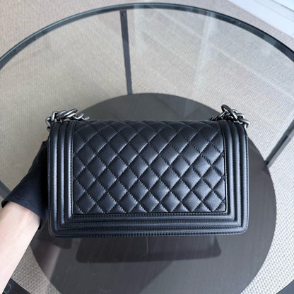 Chanel Boy Medium - 25CM Quilted Calfskin Black Ruthenium Silver Hardware Series 19