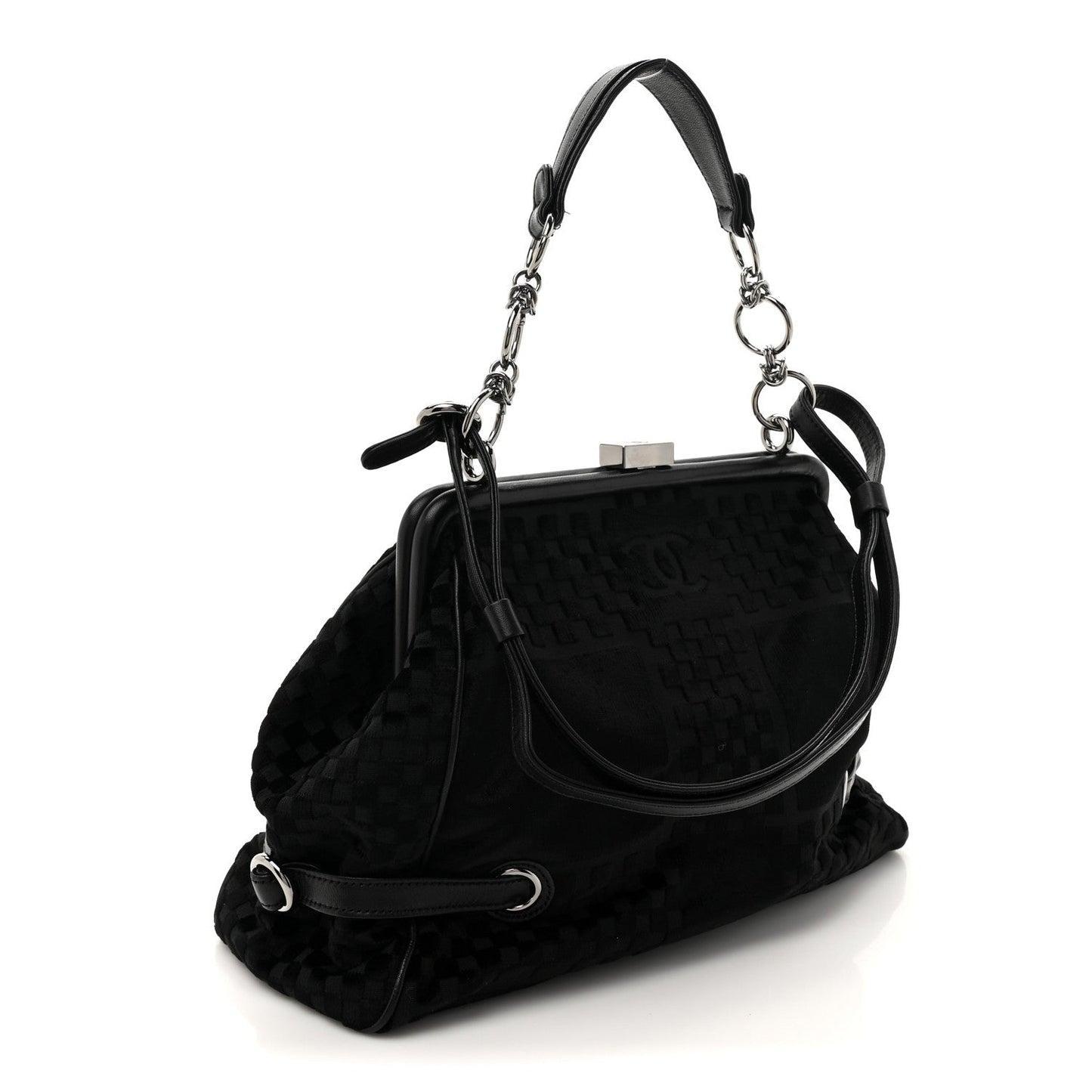 Velvet Checkered Kiss Lock Shoulder Bag Black
