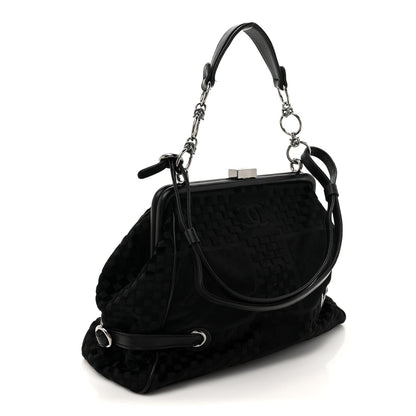 Velvet Checkered Kiss Lock Shoulder Bag Black