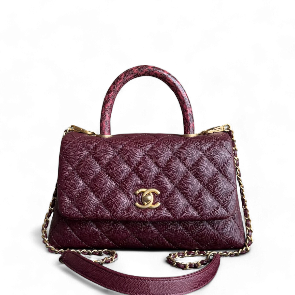 Chanel Coco Handle Small - Caviar Quilted Lizard Burgundy Dark Red Gold Hardware Series 26