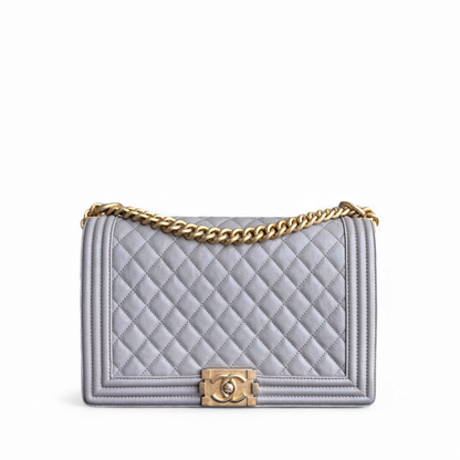 Chanel Boy Medium - Caviar 28CM Quilted Grey Gray Gold Hardware Series 26