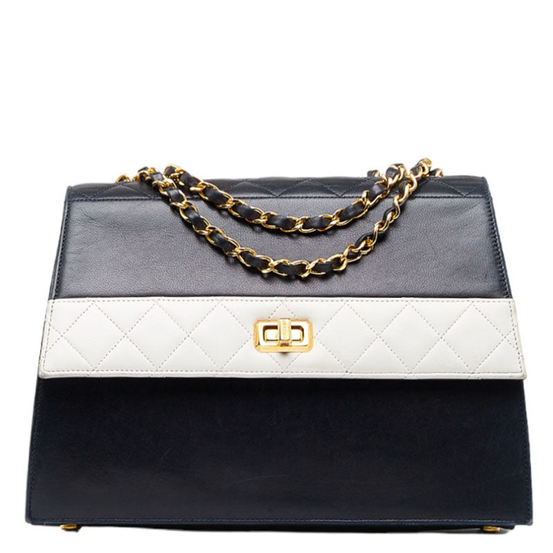 Chanel Vintage Mattress Wicker Gold  Chain houlder Bag Navi White  Lady Chanel