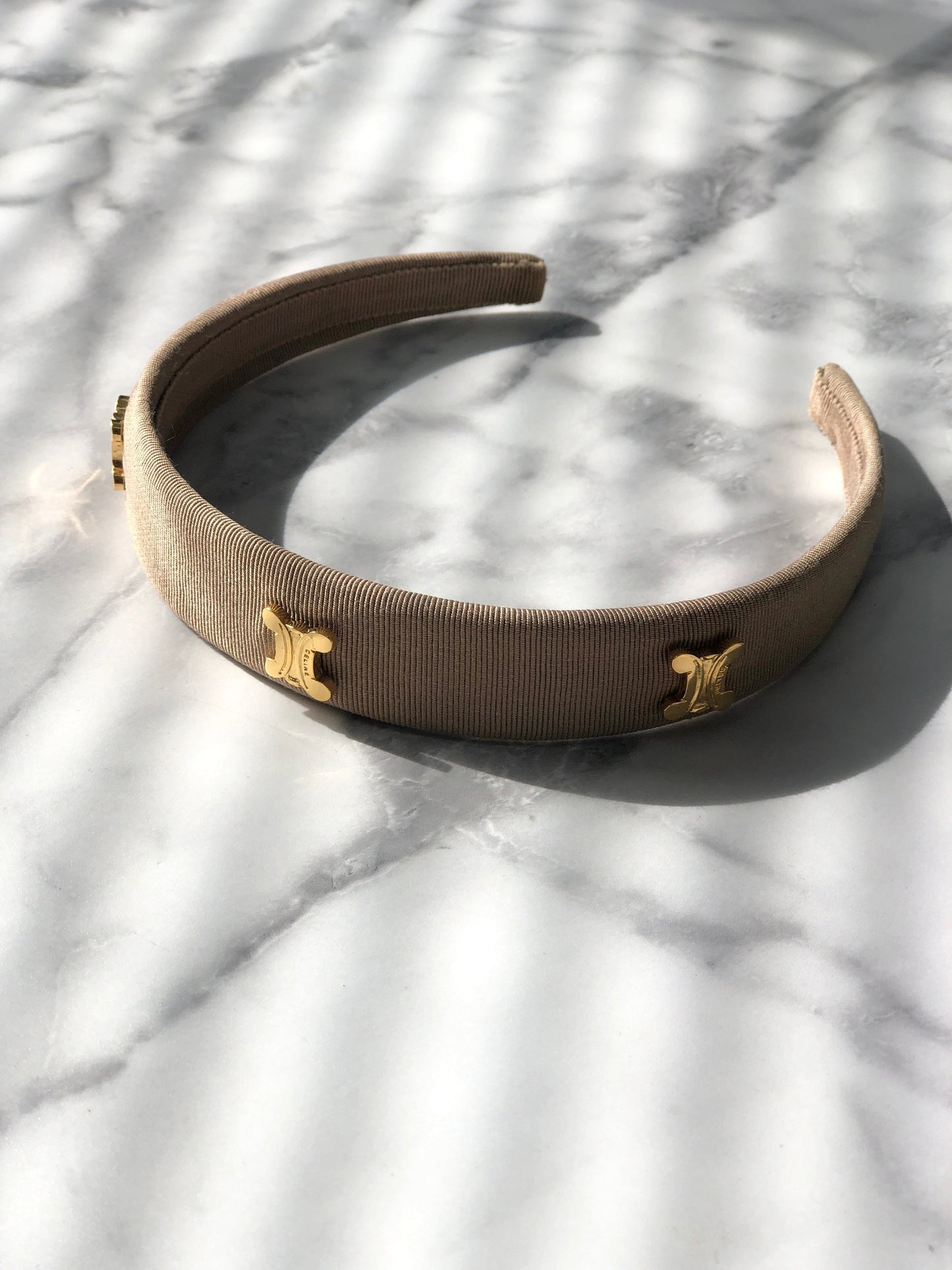 CELINE Triomphe  Fabric headband Beige Vintage t3apeu