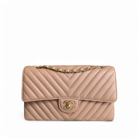 Chanel Classic Flap Medium - 25CM Chevron Grained Calfskin Dark Beige Gold Hardware Series 23