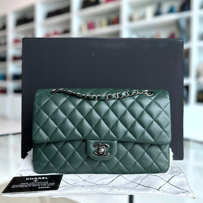 Chanel Classic Flap Medium - 25CM Quilted Lambskin Dark Green Silver Hardware Series 23