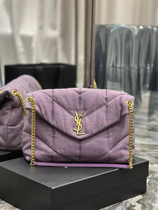 YSSL Puffer Medium Chain Bag Blesched Lilac In Denim For Women 13.8in/35cm YSL