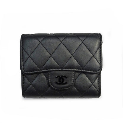 CHANEL Compact Wallet AP0229 All Black Leather Coco Three Fold Wallet Mini