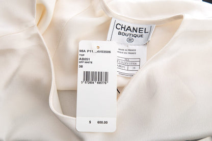 Chanel Cream Satin Silk Short Sleeve Blouse SZ 38 NWT