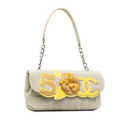 Chanel Cocomark Chocolate Bar Camellia Chain houlder Bag Beige Yellow Canvas Patent Leather Lady CHANEL