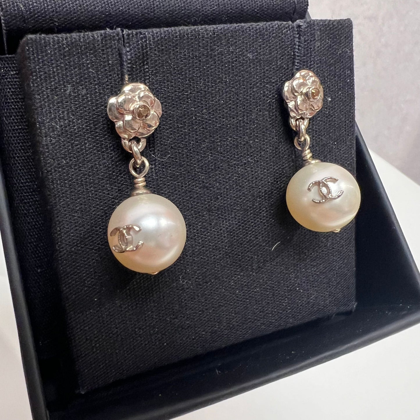 CHANEL Pearl CC Camellia Dangle Earrings Gold