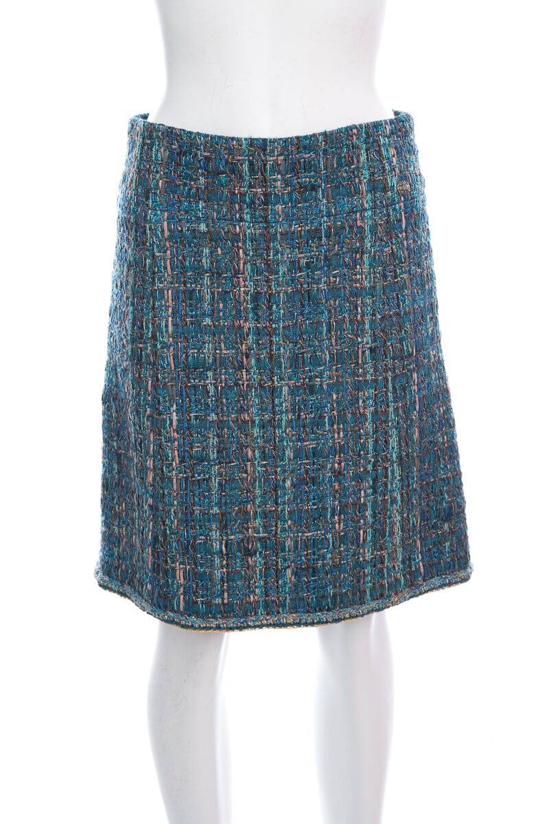 Chanel Teal Tweed Metallic Knee Length Skirt SZ 36 NWT