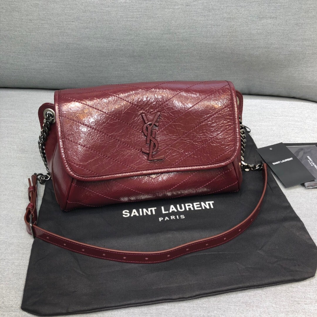 YSSL Niki Medium Crinkled Shoulder Bag Burgundy For Women 11in/28cm YSL