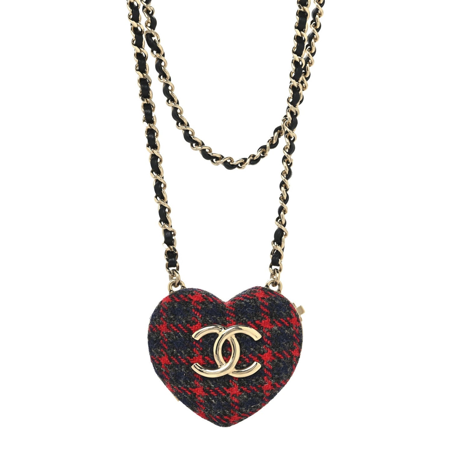 Tweed Lambskin CC Heart Locket Necklace Gold Grey Red Black
