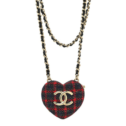 Tweed Lambskin CC Heart Locket Necklace Gold Grey Red Black