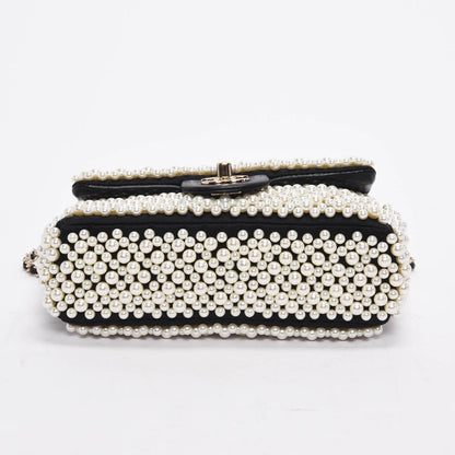 Chanel Black Satin & Lambskin Pearl On Flap Bag
