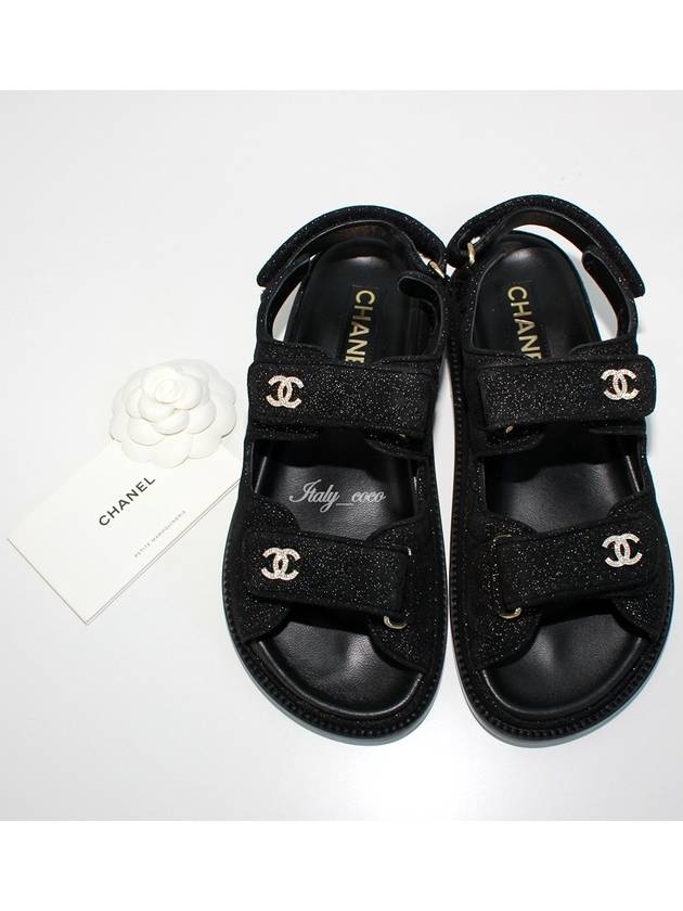 CC Logo Velcro Suede Kidskin Sandals Black Chanel