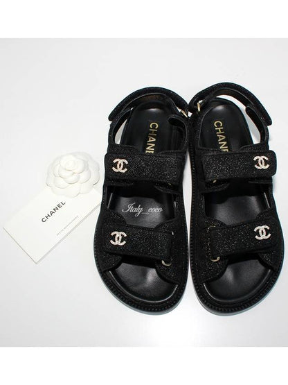 CC Logo Velcro Suede Kidskin Sandals Black Chanel