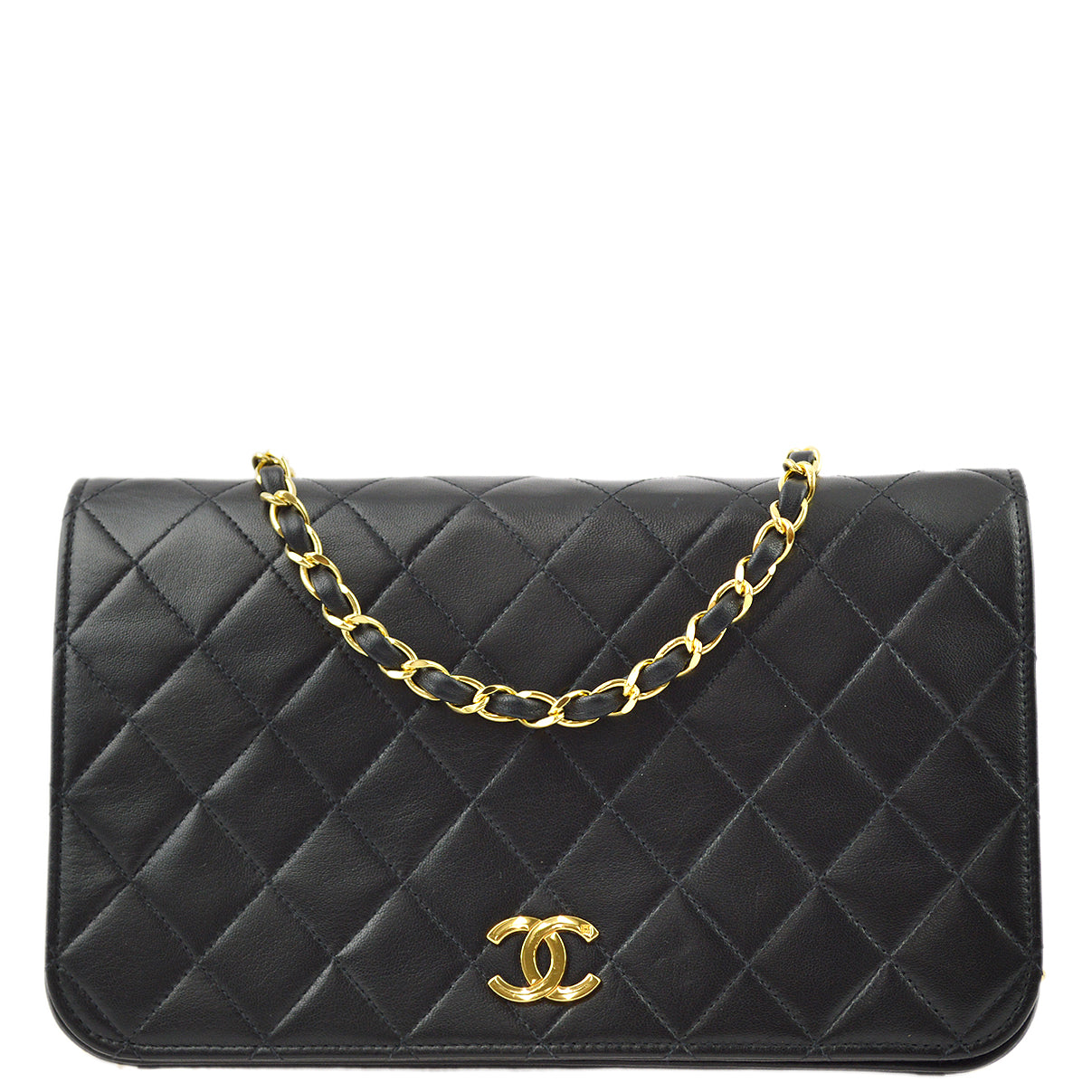 Chanel Black Lambskin Pushlock Small Full Flap Shoulder Bag