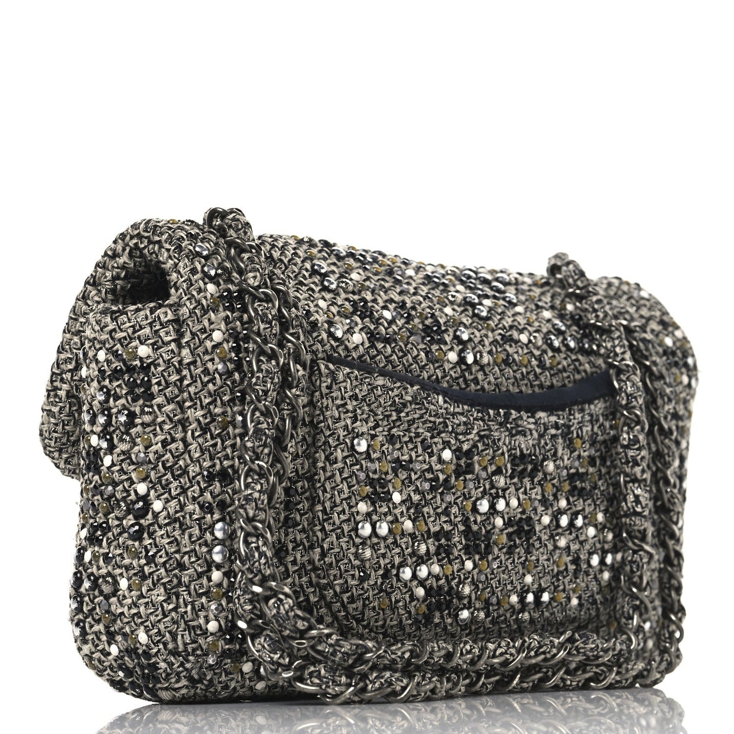 Tweed Quilted Mini Side Pearl Flap Bag Grey