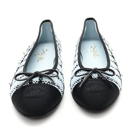 Tweed Grosgrain Cap Toe Ballerina Flats 39.5 Light Blue Black