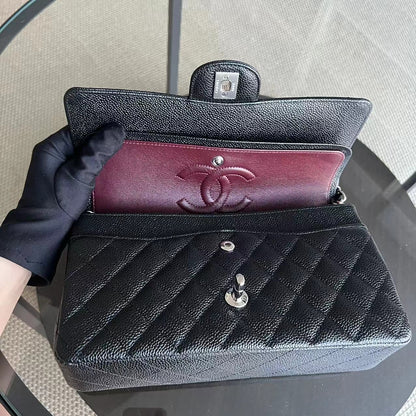 *Un* Medium Double Flap 25CM Quilted Grained Calfskin Black Silver Hardware Series 23