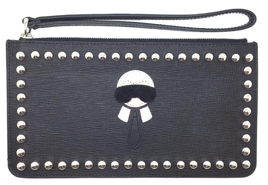 Fendi Rare Karlito Motif with Studs Wristlet Pochette Black Leather Clutch