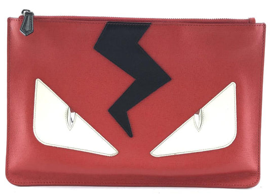 Fendi Portfolio Ultra Rare Monster Face Bolt Ipad Case Red Black White Leather Clutch