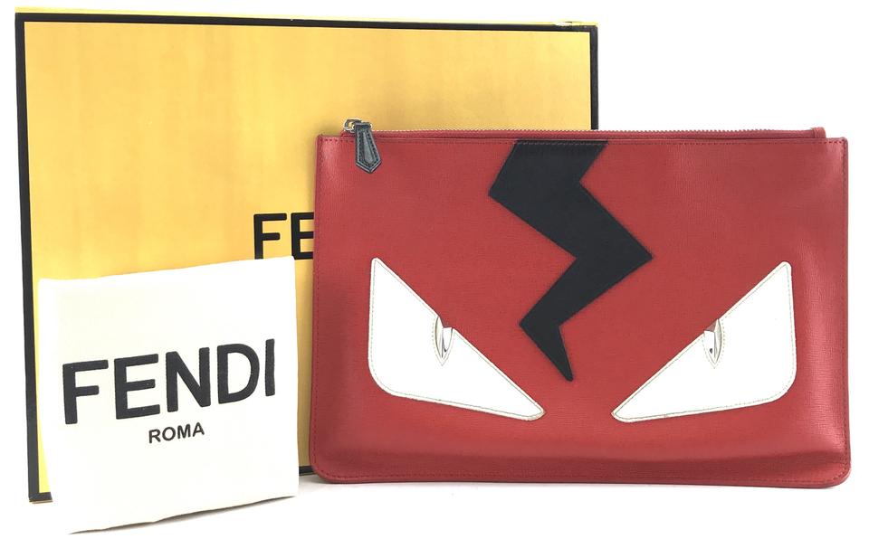 Fendi Portfolio Ultra Rare Monster Face Bolt Ipad Case Red Black White Leather Clutch