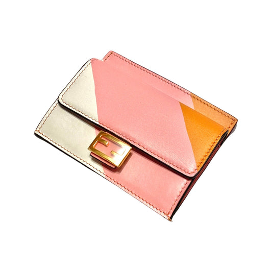 Fendi Baguette Pink Stripe Leather Card Holder Wallet 8M0423