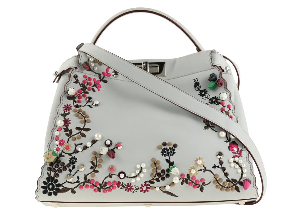 Fendi Floral-embellished Peekaboo Blue Leather Satchel