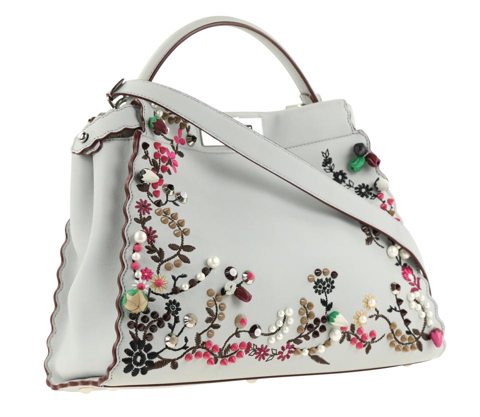Fendi Floral-embellished Peekaboo Blue Leather Satchel