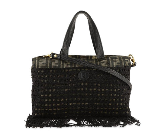 Fendi Fringe Convertible Zucca Black Canvas Satchel