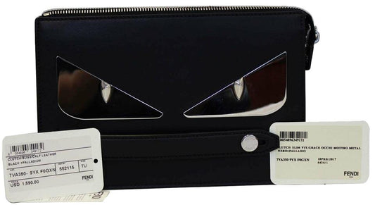 Fendi Metal Bugs Slim Black Calfskin Leather Clutch