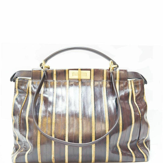 Fendi Peekaboo Striped Brown Eel Skin Leather Shoulder Bag