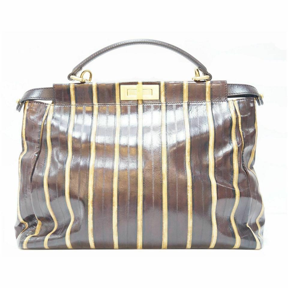 Fendi Peekaboo Striped Brown Eel Skin Leather Shoulder Bag