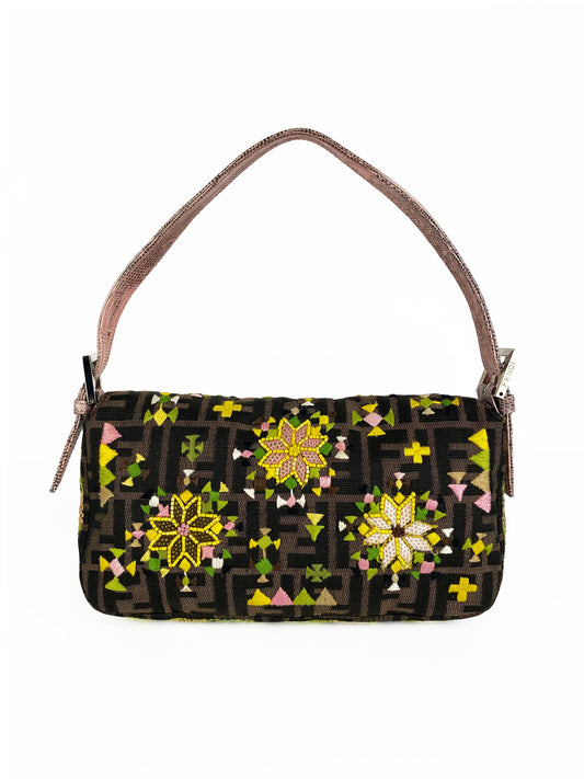 Fendi Vintage Monogram Baguette Bag with Lizard Trim and Strap