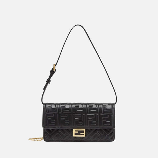 Fendi Wallet On Chain Baguette In Leather, Black, Front