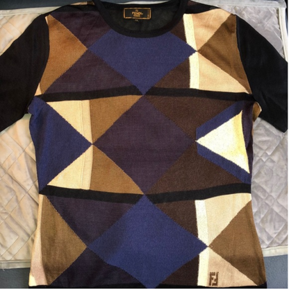 Fendi Black Purple, Brown,& Blue, Graphic Zucca Logo Print Knit Blouse