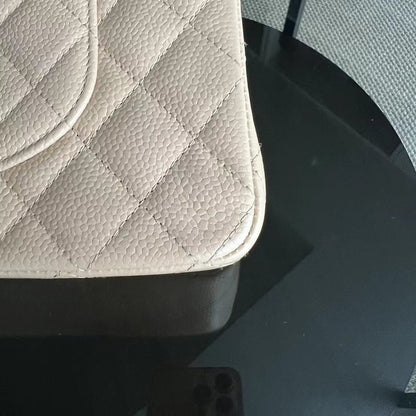 Caviar Double Flap Quilted Grained Calfskin Beige Golden Hardware Series 15