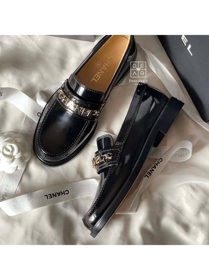 Gold Lettering Shiny Calfskin Loafers Black Chanel