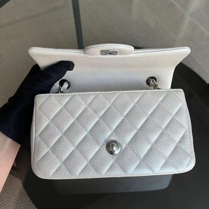 *Un* Caviar Mini Rectangle Classic Flap Quilted Iridescent Pearl White Silver Hardware Series 20