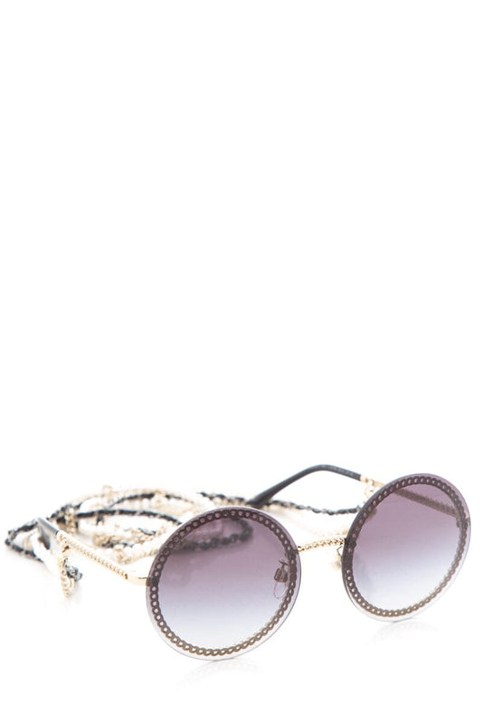 Chanel Black Round Pearl Chain Detail Sunglasses