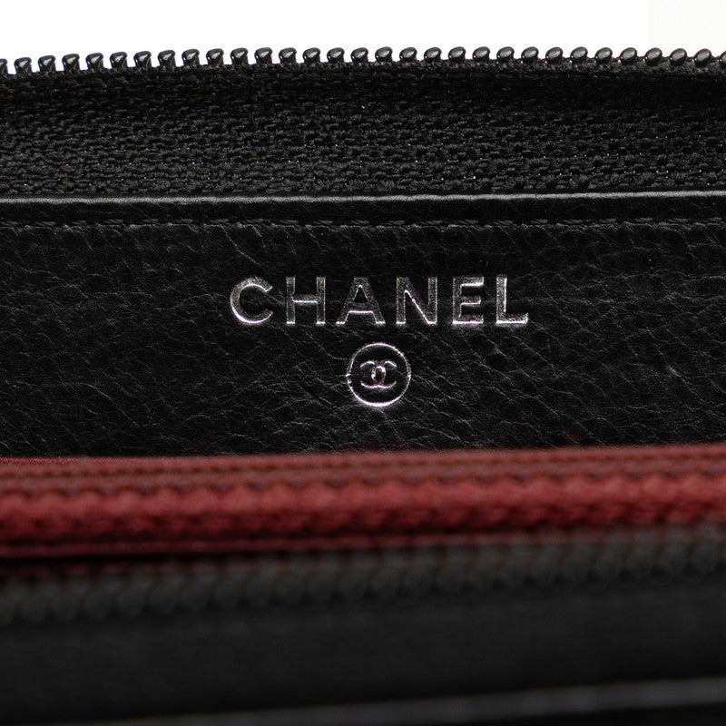 Chanel Matrases Icon ymbol Charm Round Fashner Long Wallet Black Leather  CHANEL