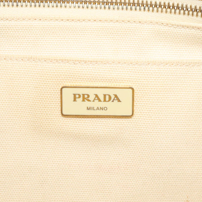 PRADA Canapa MM Hand Bag Canvas White Gold Auth fm3744